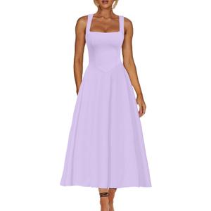 Kaximil Women's Square Neck Sleeveless A Line Maxi Dress Smocked Ruffle Flowy Casual Long Dresses (Purple, S)