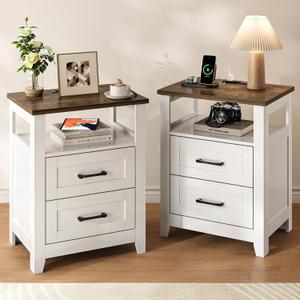 Decofy Farmhouse 2-Drawer Nightstand Set of 2 with Charging Station, White, 2 Pack