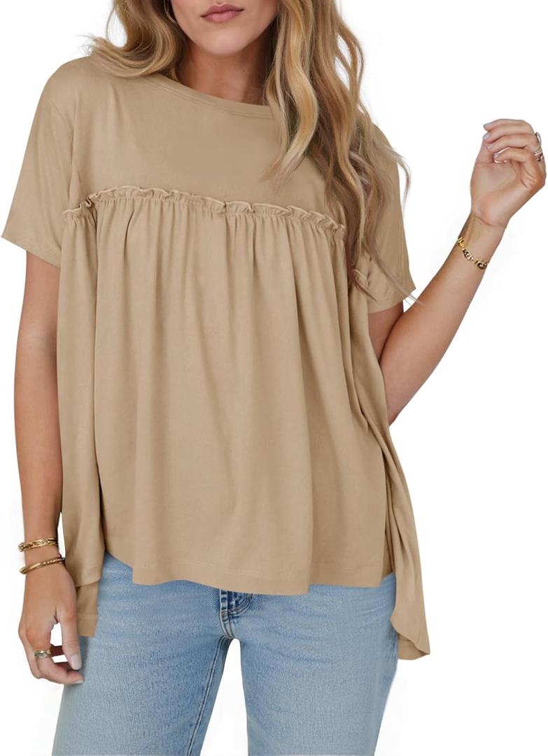 Cicy Bell Women Summer Babydoll Tops Pleated Short Sleeve Crew Neck Peplum Blouse Casual Loose Fit T Shirts (Medium, Khaki)