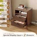 LYNCOHOME Fluted Nightstand with Charging Station, 19.7 inch Wide End Table with 2 Drawers, Modern Wood Bedside Table for Bedroom,Brown,1 Pcs