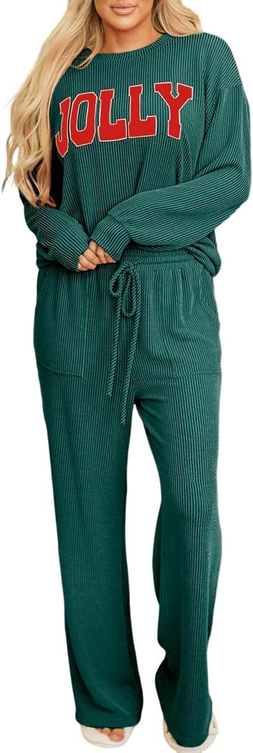 Women Pajamas Set Loungewear Ribbed Long Sleeve Top and Pants with Pockets Lounge Pj Set Sleepwear (Medium, Xmas Green Jolly)