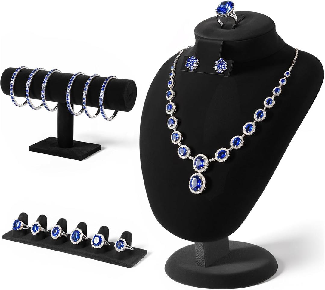 3Pcs Black Velvet Jewelry Display Set, Including Necklace Mannequin Bust Stand, T Shape Bracelet Stand, Ring Finger Jewelry Holder, for Retail Display Organization Home Decor