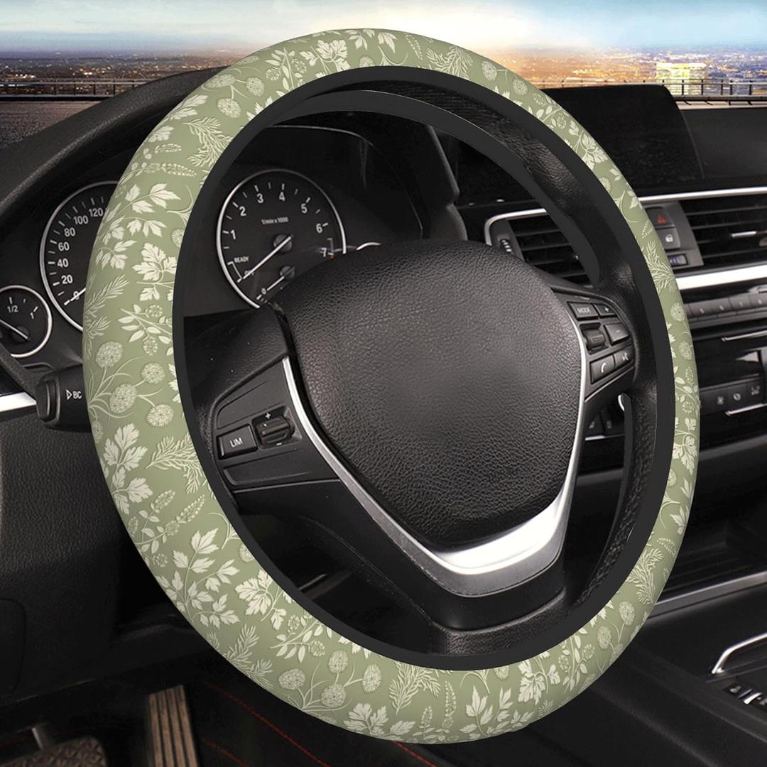 Green Leaf Plant Steering Wheel Cover for Women, Universal 15 inch Breathable Anti Slip Steering Wheel Covers for Cars, Auto, SUVs (One Size)
