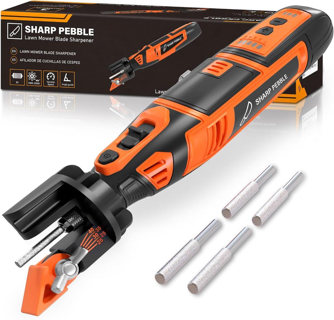 Sharp Pebble Cordless Lawn Mower Blade Sharpener Adjustable 20- 40 Angle Guide-Rotary Tool with Replaceable Sharpening Wheel Bits & Fast Rechargeable Battery Effortless Precision for Lawn Care