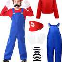 Halloween Costume Kids Plumber Jumpsuit with Hat Gloves Moustache Accessories, Medium