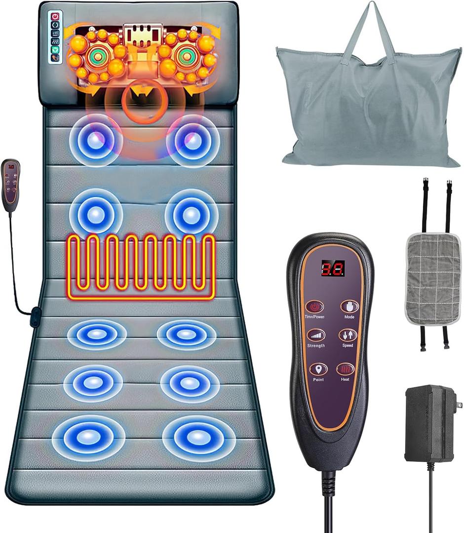 Full Body Massage Mat with Heat,Massage Mattress with Shiatsu Neck Massager & Movable Neck Back Massager Pillow,10 Vibrating Motors,9 Massaging Modes & Timer for Back Leg Pain Relief