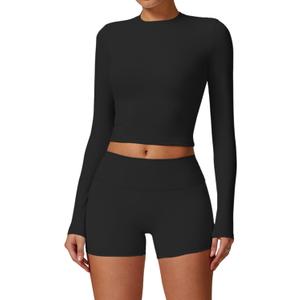 Womens Workout Sets Two Piece Long Sleeve Top Matching High Waist Shorts Sets Fall Winter Gym Work Out Clothes (Medium, Black)