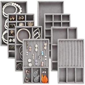 Jewelry Trays,Grey Velvet Stackable Organizer Trays,Drawer Inserts Jewelry Display Case For Rings Stud Necklaces Earring Organizer Tray for Women Girls-8 Pack