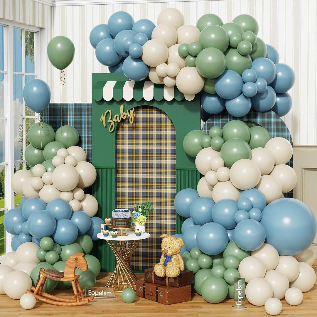 Sage Green and Dusty Blue Balloon Garland 146Pcs Blue Green Sand White Balloons Arch Kit for Jungle Bear Theme Birthday Baby Shower Party Decorations