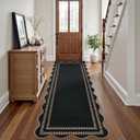 Scalloped 2.6x8 Kitchen Runner Rug, Washable Rugs for Entryway Non Slip Outdoor Indoor Black Long Rug, Farmhouse Morden Carpet for Hallway Bedroom