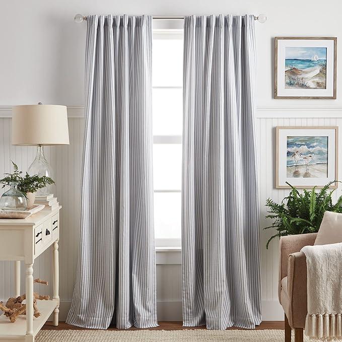 Ticking Stripe Blackout Lining Rod Pocket/Back Tab Window Curtain Panel Pair, 84", White/Indigo, Set of 2
