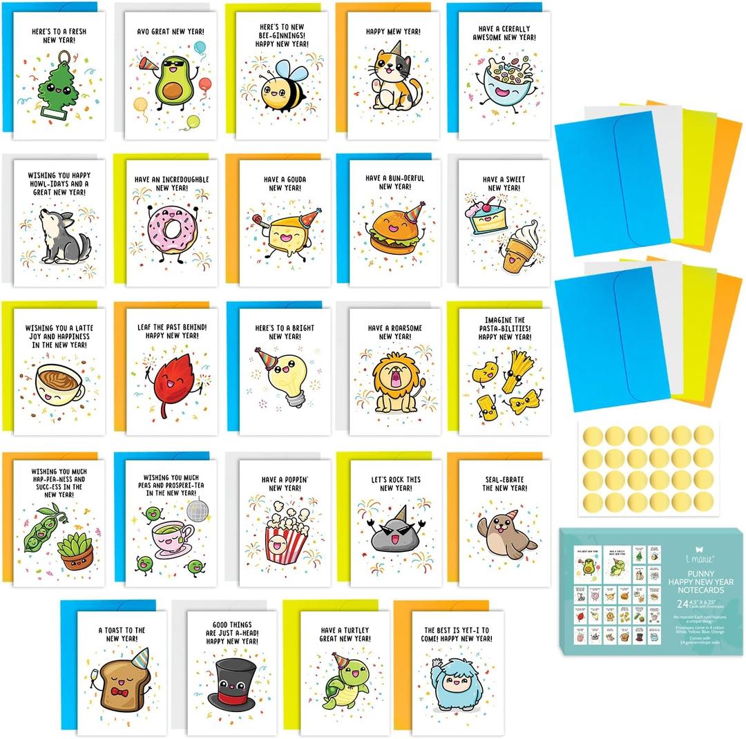 2 x T MARIE 24 Funny Happy New Year Cards Set With Colorful Envelopes and Gold Stickers - Assorted 2025-2026 Greeting Cards Set with Humorous Puns and Messages Inside - Bulk Winter Holiday Notecards