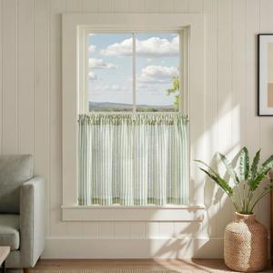 Jinchan Striped Linen Kitchen Curtains 24 Inches Length Tier Curtains Farmhouse Modern Cafe Style Small Window Treatments Airy Light Filtering Rod Pocket for Living Room Bathroom 2 Panels Sage Green