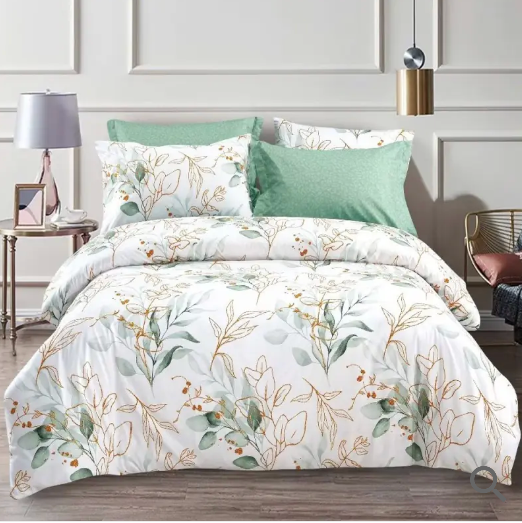 WONGS BEDDING Botanical Comforter Set Queen, 7 Pieces Green Reversible Bed in a Bag Floral Leaves Bedding Soft Microfiber Queen (1 Comforter,2 Pillowcase,2 Pillow Shams,1 Flat Sheet,1 Fitted Sheet)