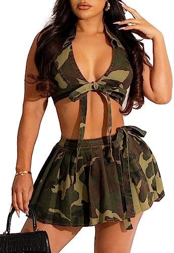 Akmipoem Women's Two Piece Skirt Set Camouflage Sleeveless Sexy Self Tie Halter Crop Top and Slit Wrap Mini Skirts Outfits, Size L