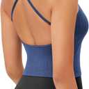 ODODOS Seamless Padded Sports Bra for Women Criss-Cross Back Longline Wirefree Brami Ribbed Crop Tank Tops, Washing Cobalt Blue, Medium-Large (Blue)