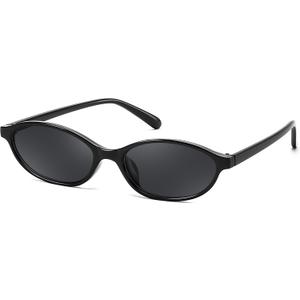 FEISEDY Retro Oval Cat Eye Sunglasses for Women 90s Narrow Lightweight Shades Y2k Trendy Sunnies B0257 (Black/Black)