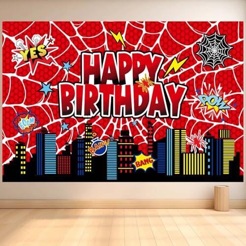 Spider Web Birthday Backdrop, 5x3FT Pre-Punched Polyester Spider Theme Happy Birthday Banner Party Decorations & Photo Backdrop Props for Boys & Girls