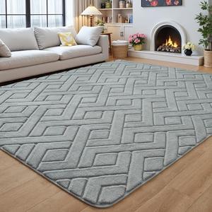 Flagover 4x6 Grey Washable Area Rug for Bedroom, Modern Geometric Shag Non-Slip Living Room Rugs, Fluffy Plush Soft Memory Foam Carpet for Kids Boys Room Nursery Room Dorm Bedside Decor