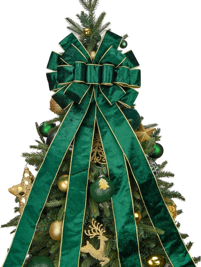 Christmas Tree Topper,48x13 Inches Velvet Toppers Bow,Large Decorative Bows for Christmas Decoration (Green)