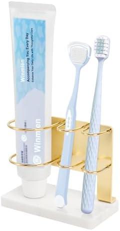 Winmien Toothbrush Holder for Bathroom Counter, Metal Toothbrush and Toothpaste Holder Stand with Marble Base for Bath Organizer Countertop, 3 Slots (Gold)