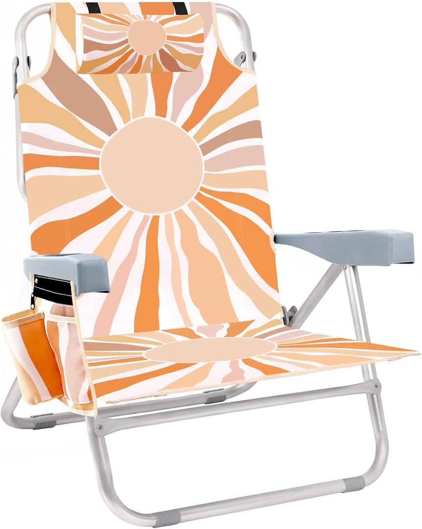 Beach Chair for Adults, 5 Position Lay Flat Backpack Beach Chair with Cooler, Cup Holder and Storage Bag, Portable Folding Heavy Duty Beach Lounger for Outdoor, Lawn, Camping, Festivals-Boho Sun, Small
