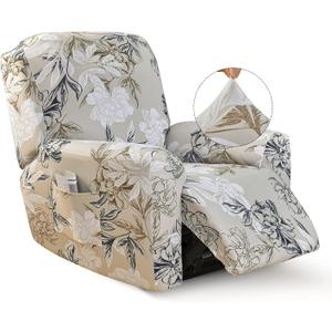Recliner Slipcover-Stretch Soft Slip Reclining Chair Slipcovers 4-Pieces Furniture Protector for Recliner with Pocket Fitted Sofa Couch Cover Lazy Boy Chair Cover (Light Khaki/Flower)