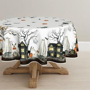 Horaldaily Halloween Tablecloth 6060 Inch Round, Jack-O-Lantern Pumpkin Cobweb Ghost Dog Bats Washable Table Cover for Party Picnic Dinner Decor