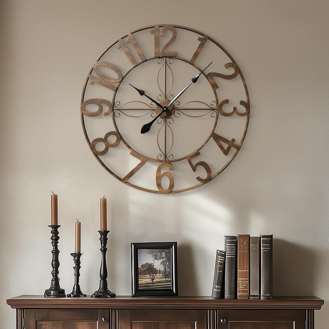 30 Inch Large Wall Clock, Decorative Wall Clock for Living Room Decor, Silent Non-Ticking Battery Operated Metal Round Retro Rustic Arabic Numerals Analog Bronze Clock for Kitchen Mantel Office