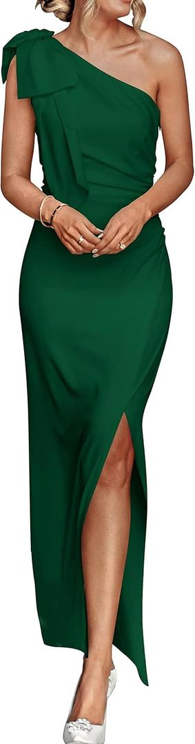 PRETTYGARDEN Women's Summer One Shoulder Long Formal Dresses Sleeveless Ruched Bodycon Wedding Guest Slit Maxi Dress (S, Dark Green)