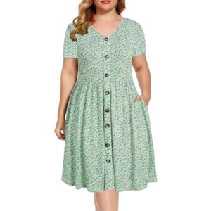 BEDOAR Women's Casual Plus Size Dress V-Neck Knee-Length A-Line Party Cocktail Swing Dress with Pockets (Green)
