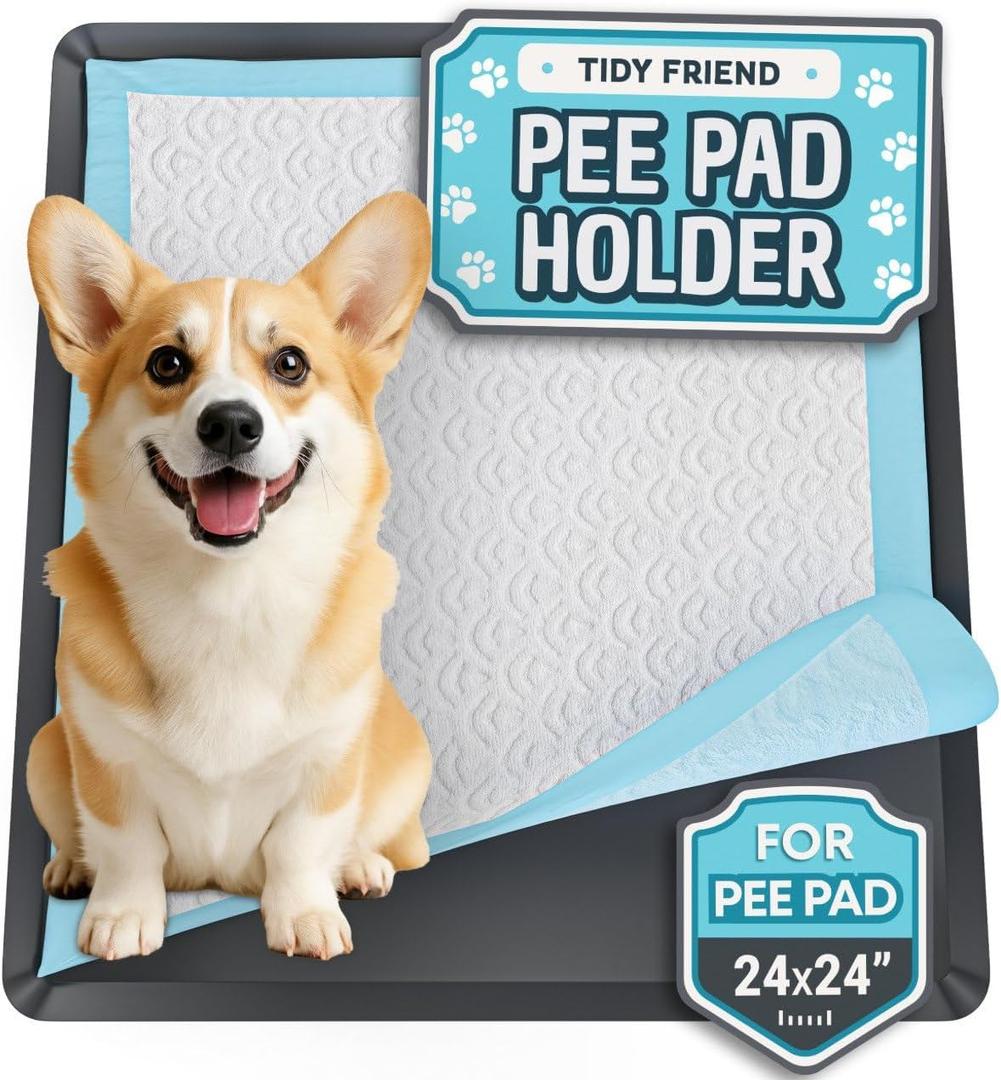 TidyFriend Dog Pee Pad Holder Tray Fits for 24 x 24 Wee Wee Pee Pads - Stable Grip, Raised Edges, Quick-Wipe Silicone Surface Dog Potty Tray Holder for Indoor Flooring Protection (Black) (1 Pack)