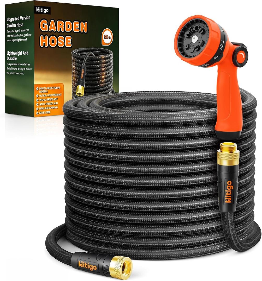 Nitigo Ultra Lightweight Garden Hose 50 FT, Non-Expanding Flexible Water Hose with 10-Function Sprayer, Kink-Free, Nylon Outer Layer, Burst 280 PSI for Outdoor Gardening, Pet Bathing (3/4" GHT)