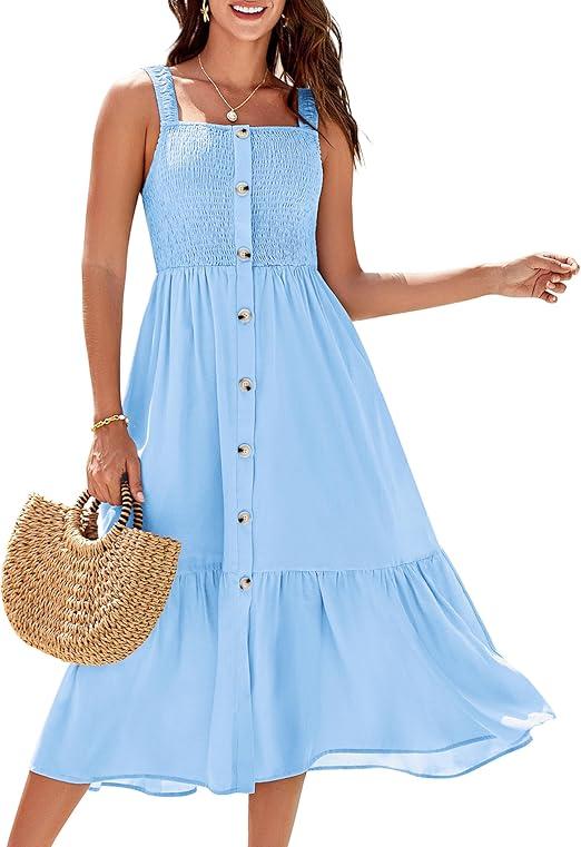 GRACE KARIN Womens Summer 2025 Midi Dress Spaghetti Strap Smocked Button Casual A Line Long Beach Flowy Sun Dresses Pockets M