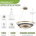 Benkut Modern LED Chandelier Black Gold Dimmable 3 Ring Pendant Light for Dining Room, Kitchen Chandelier Circular with Remote Control Flush Mount High Ceiling Light for Living Room, 3000K-6500K, 3 Rings 23.6 inches