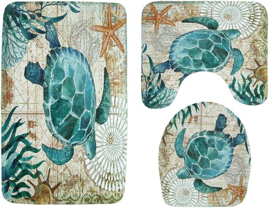 3 Pieces Soft Flannel Bathroom Mat Set Non-Slip Bathroom Rug Absorbent Toilet Mat Lid Cover Set Turtle