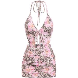 Women's 2 Piece Skirt Sets Floral Leopard Print Tie Front Split Halter Tops and Mini Skirts Rave Outfits, (Pink, L)