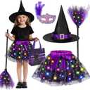 Halloween Costumes for Kids, Light Up Witch Toddler Halloween Costume with Hat, Skirt, Broom, Treat Bag, Mask for Girls (Purple)