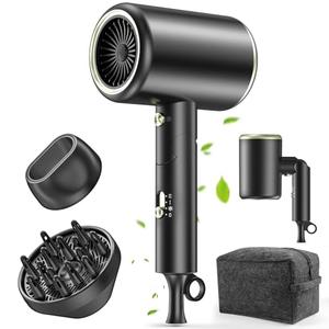 Hair Dryer, 150000RPM Ionic Blow Dryer - Fast Drying, Low Noise, Foldable Portable with Diffuser and Nozzle, Compact Mini for Women and Men, Home and Travel(Black)
