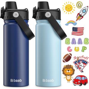 baab 18oz Kids Water Bottle, Insulated Kids Water Bottle with Lockable Spout Lid & Stickers, 18/8 Stainless Steel Vacuum Leakproof Kid Water Cup with Handle for School (Navy Blue+Light Blue, 2 Pack)