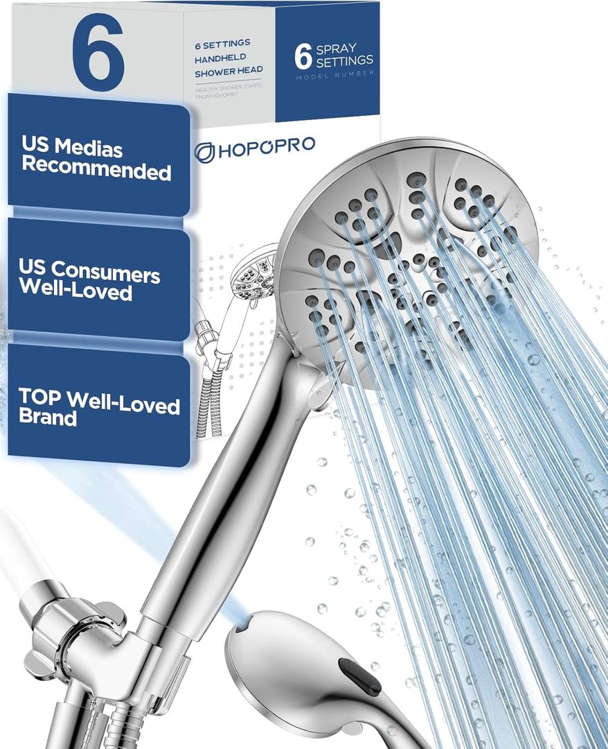 6-Mode High Pressure Handheld Shower Head with Power Wash, HOPOPRO High Flow Hand Held Showerhead Set with Built-in Power Spray to Clean Tub Tile Pets Bathroom Flooring (Chrome Premium)