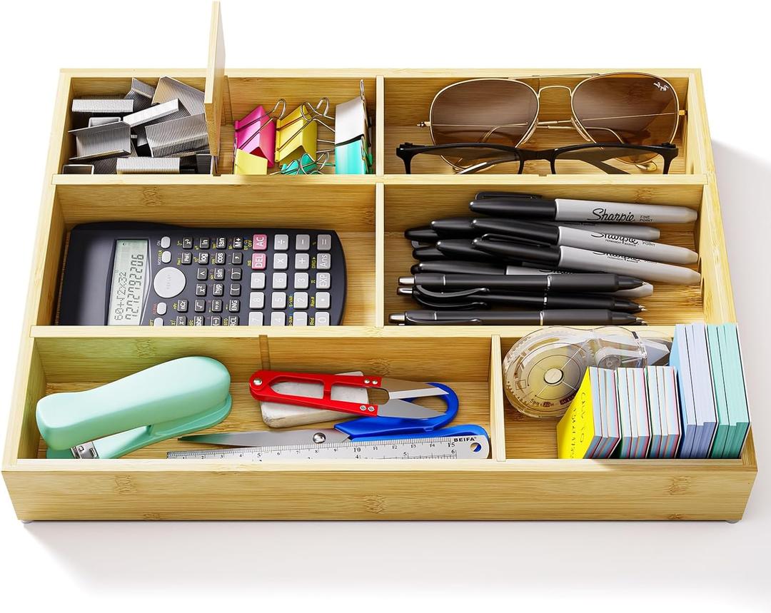 Bamboo Drawer Organizer with 9 Adjustable Compartments, Office Desk Organization Tray for Office Utensils, Supplies, Makeup, Jewelry, and More  Ideal for Desk or Drawer Storage