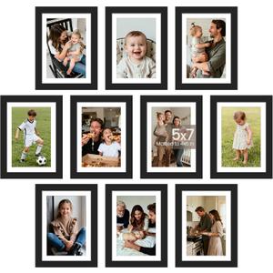 upsimples 5x7 Picture Frame Set of 10, Display Pictures 4x6 with Mat or 5x7 Without, Multi Photo Frames Collage for Wall or Tabletop Display, Black