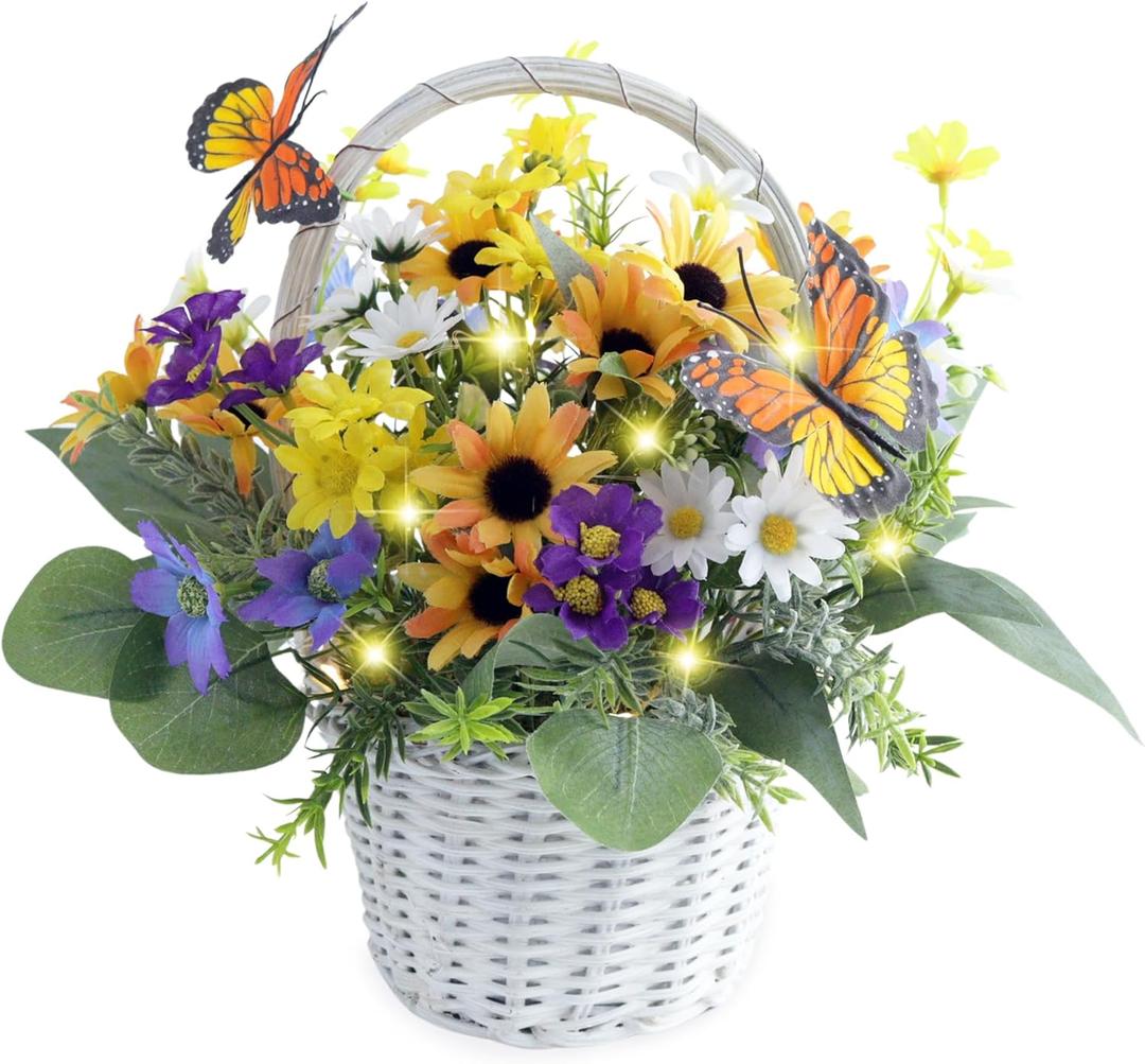 Eksen Artificial Flowers in Basket Vase with Lights, Faux Floral Arrangement for Table,Home Kitchen Centerpieces Party Decor