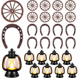 24 Pcs Western Themed Party Decorations Cowboy Table Centerpieces Lucky Horseshoe Mini Lantern Wooden Wagon Wheel Decor for Crafts Western Cowboy Party Birthday Wedding Favors Supplies