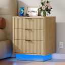 Nightstand with Charging Station, LED Light, 3-Drawer, Natural, Bedroom, 18.9 inches x 14.4 inches x 23.3 inches
