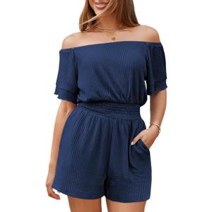 Fixmatti Womens Off The Shoulder Romper Short Sleeve Smocked Waist Mini Jumpsuit with pockets (Large, Navy Blue)