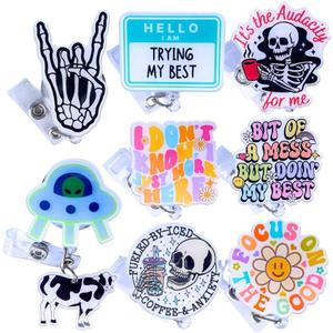 YJ PREMIUMS 8PC Funny Cute Fun Badge Reel Holder ID Card Retractable Clip for Nurse Nurses Nursing Teacher Office Workers | Meme Its Fine Just My Face Job Descriptions Goose Bumps Coworkers Gifts