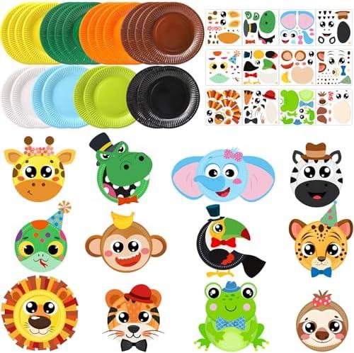 Funnymoom 24 Pcs Jungle Animals Plate Craft Kits Wild Animal Arts Crafts Gift Tiger Lion Diy Craft For Boys Girls Preschool Party Classroom DIY Project Supplies Decorations (Cute)