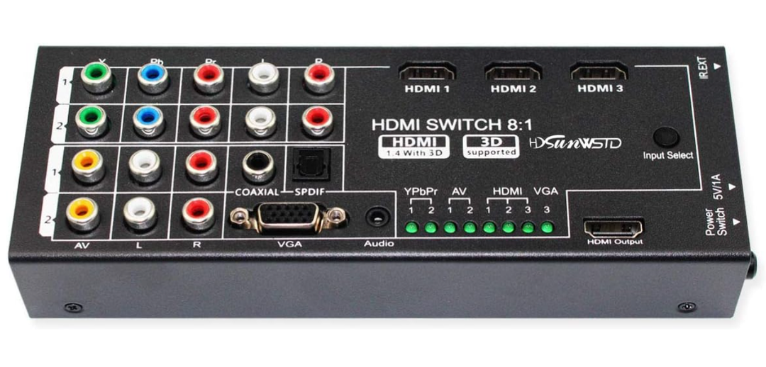 MultiFunctional HDMI Converter with 8 Inputs (VGA + AV + Ypbpr Component + HDMI) to One HDMI Output,COAXIAL Output,SPDIF Output Supports HDMI v1.4 3D